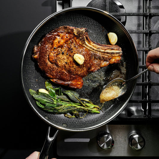 Cooking ribeye steak in HexClad hybrid fry pan