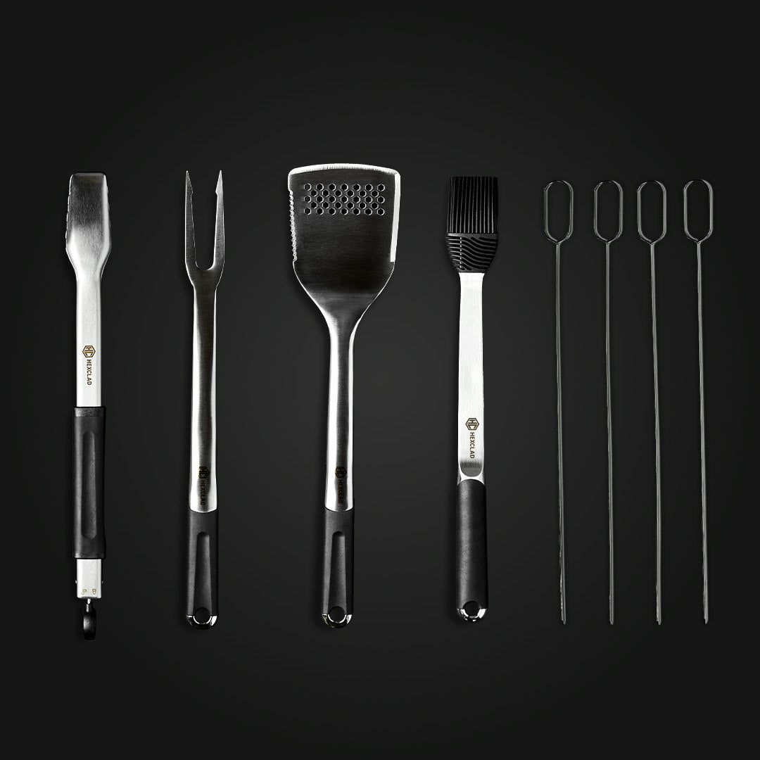 The HexClad BBQ Tool Set, 8pc, against a black background.